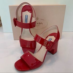 Prada Patent Leather Block Heel Sandals 7.5 37.5 FLAW Red